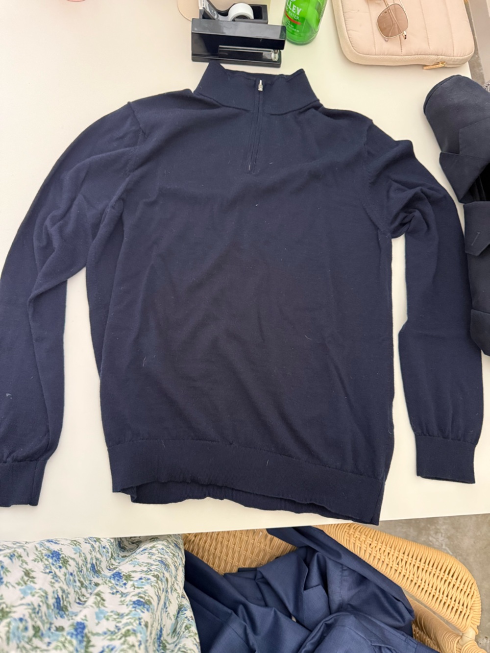 Reiss Navy Zip-Front Knit Top